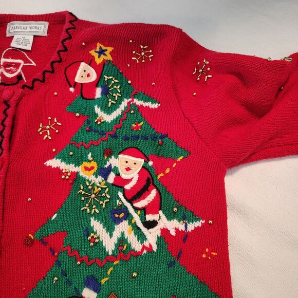 Vtg Parisian Works Christmas Cardigan Santa Christmas Tree Beaded Embellished M - Picture 8 of 12